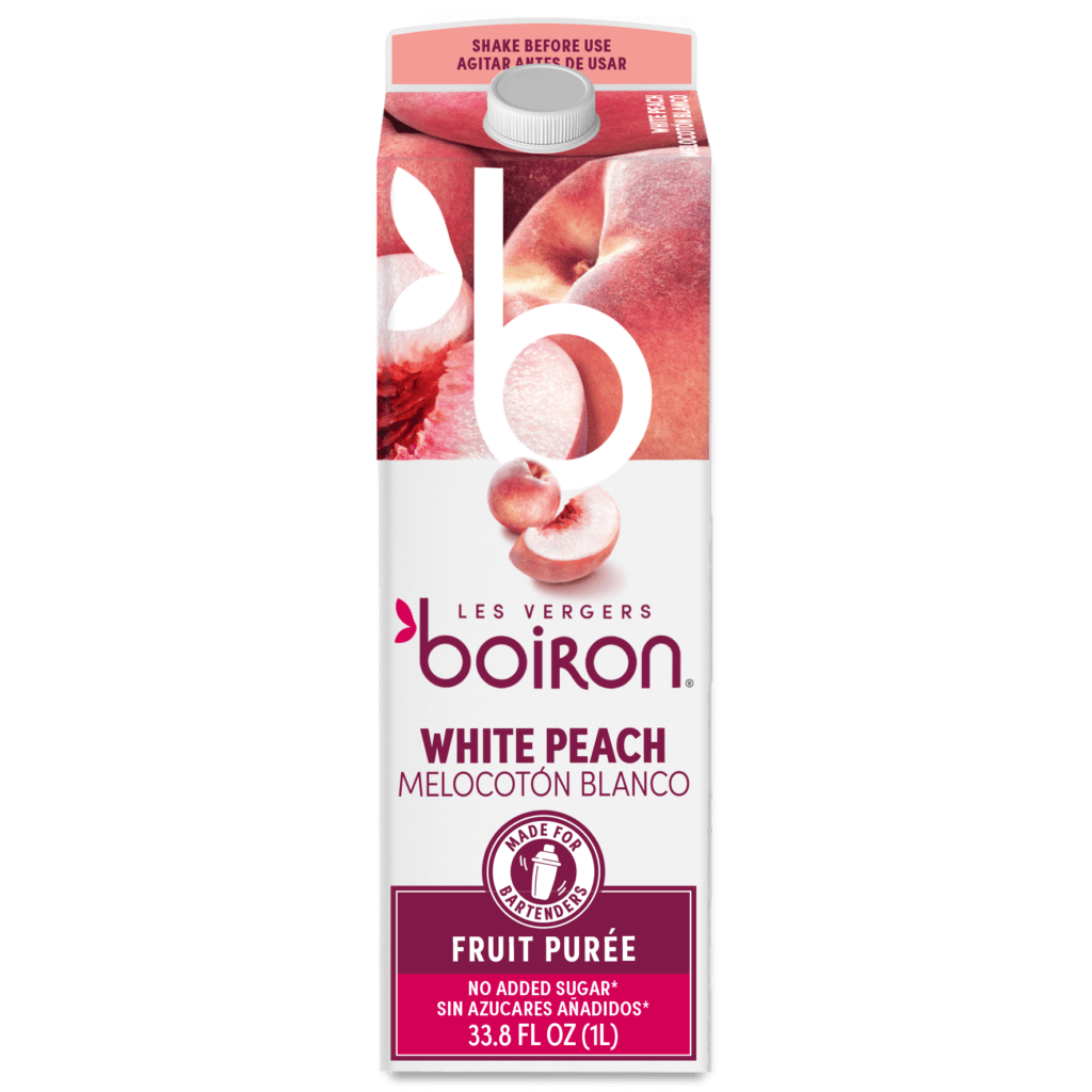 Brique de purée de pêche blanche ambiante Les vergers Boiron, version US - Les vergers Boiron