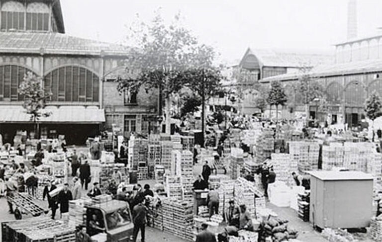 Photo d'archive en noir et blanc d'un marché aux fruits - Les vergers Boiron
