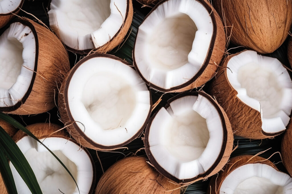 Noix de coco ouvertes vues de dessus - Les vergers Boiron